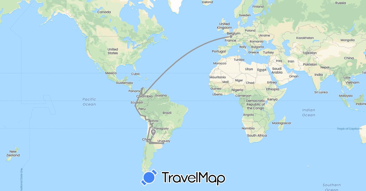 TravelMap itinerary: driving, plane in Argentina, Bolivia, Chile, Colombia, France, Peru, Uruguay (Europe, South America)
